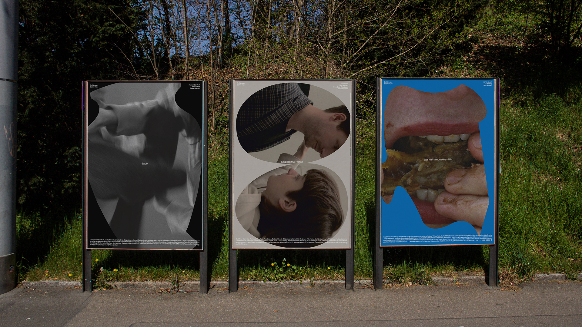 three posters for the three films Staub, Ein Begriff für Familie and Was man sieht, wenns still ist within the series stille, staubige Familie by Sophie Mühe